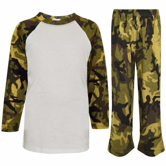 Kids Girls Boys Pyjamas Camouflage Green Contrast Sleeves Nightwear PJS 2-13 Yrs image {2}