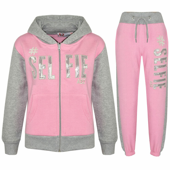 Kids #SELFIE Baby Pink & Grey Tracksuit Sequin Embroidered Hoodie Joggers Girls image {3}
