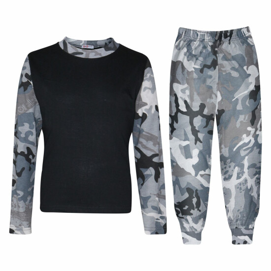 Kids Girls Boys Pjs Contrast Camouflage Charcoal Plain Stylish Pyjamas Set 2-13Y image {3}