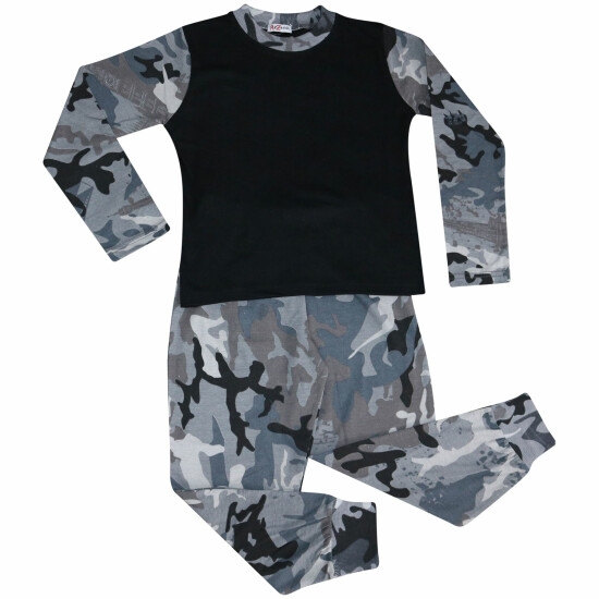 Kids Girls Boys Pjs Contrast Camouflage Charcoal Plain Stylish Pyjamas Set 2-13Y image {2}