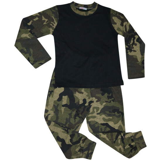 Kids Girls Boys Pjs Contrast Camouflage Green Plain Stylish Pyjamas Set 2-13 Yr image {3}