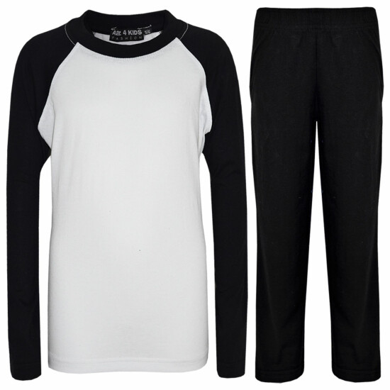 Kids Girls Boys Pyjamas Designer Plain Black Contrast Sleeves Nightwear PJS 2-13 image {2}