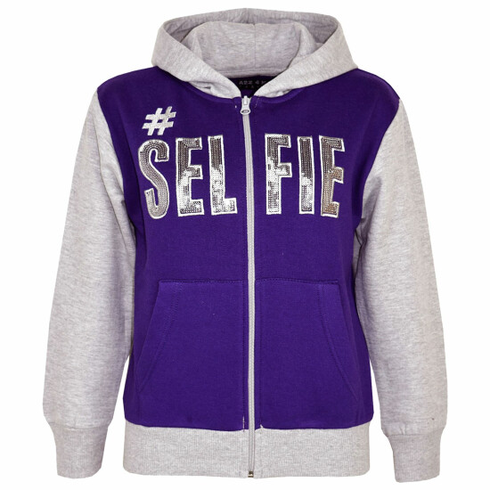 Kids #SELFIE Purple & Grey Tracksuit Sequin Embroidered Hoodie Jogger Girls 5-13 image {4}