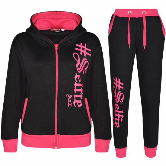 Kids #SELFIE Black Pink Tracksuit Hoodie Sweatpants Zipper Joggers Set Girls image {3}