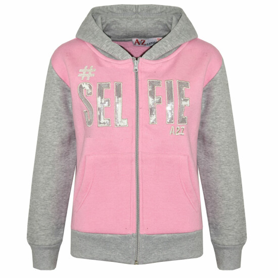Kids #SELFIE Baby Pink & Grey Tracksuit Sequin Embroidered Hoodie Joggers Girls image {4}