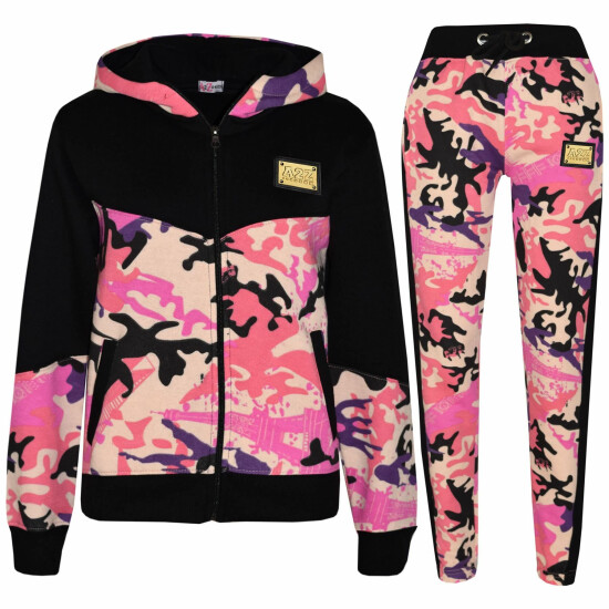 Girls Tracksuit Camouflage Baby Pink Fleece Hoodie Top Joggers Bottom Suit Set image {3}