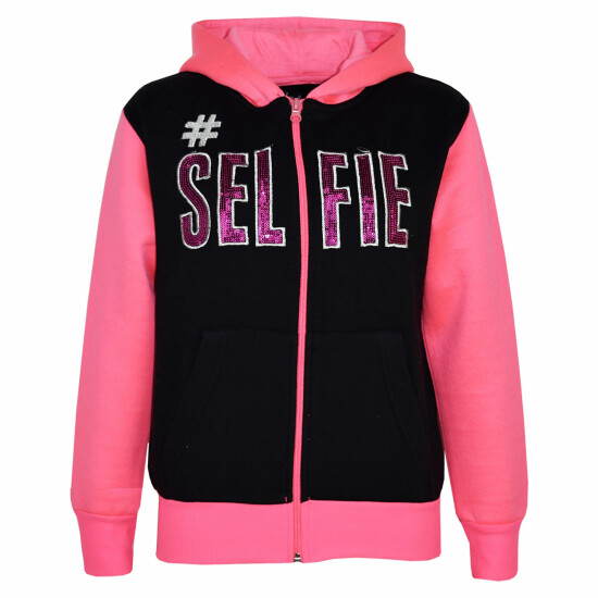 Kids #SELFIE Black & Neon Pink Tracksuit Sequin Embroidered Hoodie Joggers Girls image {4}