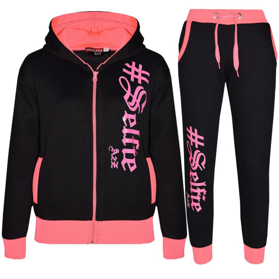 Kids #SELFIE Neon Pink Tracksuit Hoodie Sweatpants Zipper Joggers Set Girls image {3}