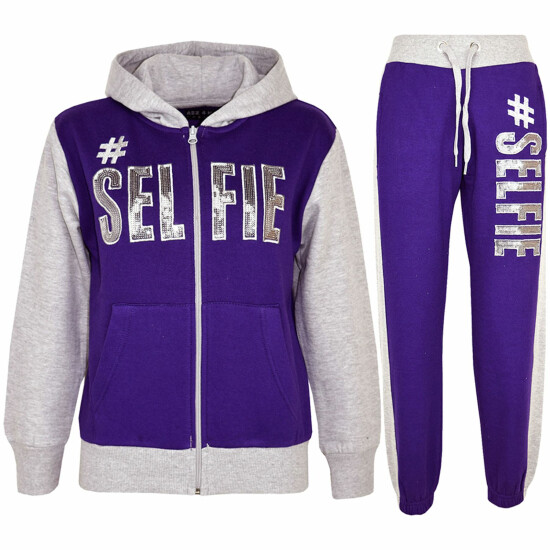 Kids #SELFIE Purple & Grey Tracksuit Sequin Embroidered Hoodie Jogger Girls 5-13 image {3}